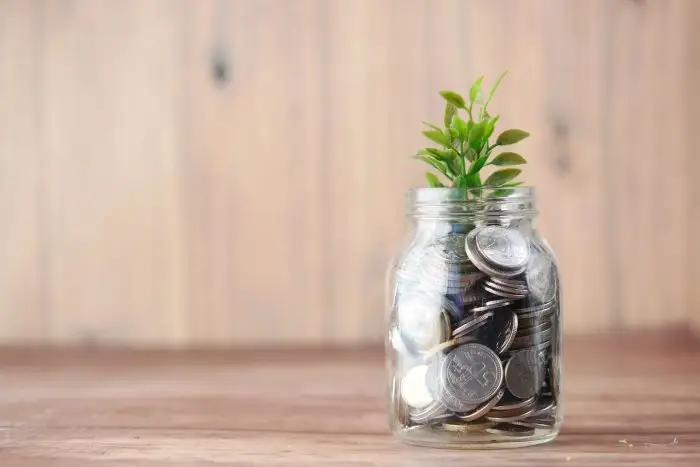 glass jar filled with coins and a plant